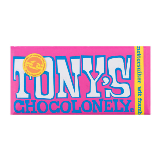 Tonys Chocolonely Witte Chocolade Framboos Knettersuiker 180g (THT 20.07.2024)